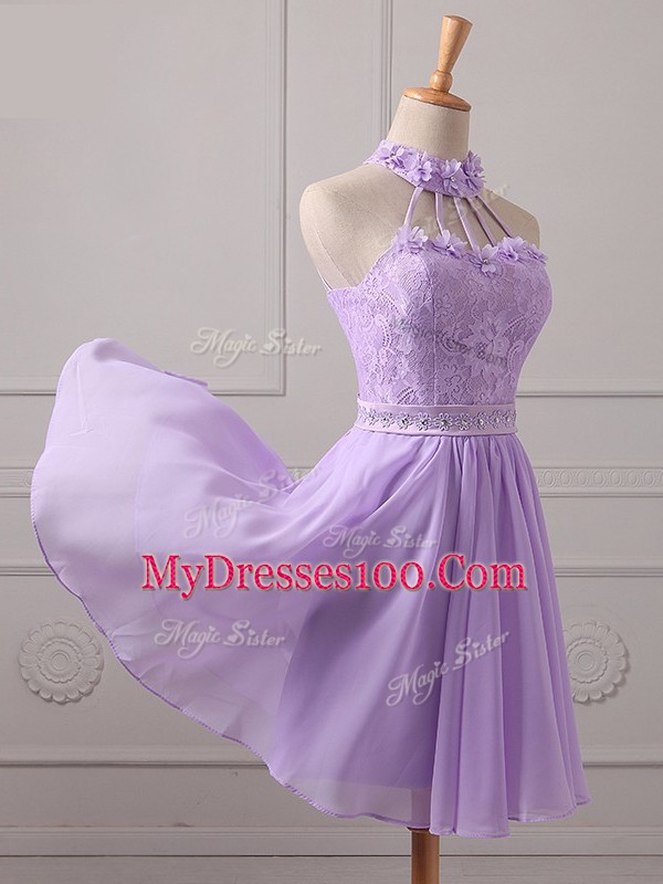 Lavender Chiffon Lace Up Bridesmaid Dresses Sleeveless Mini Length Lace and Appliques