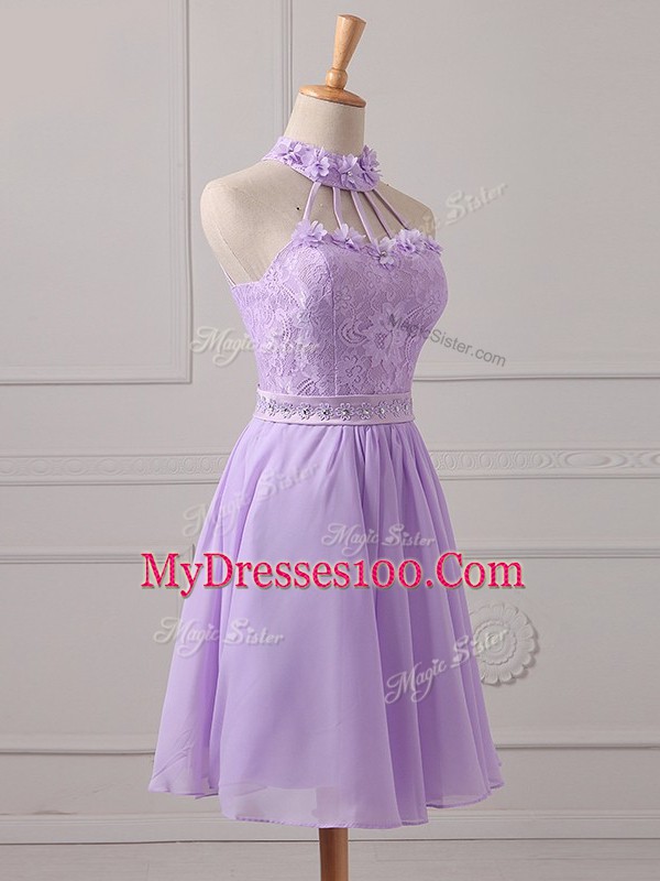 Lavender Chiffon Lace Up Bridesmaid Dresses Sleeveless Mini Length Lace and Appliques
