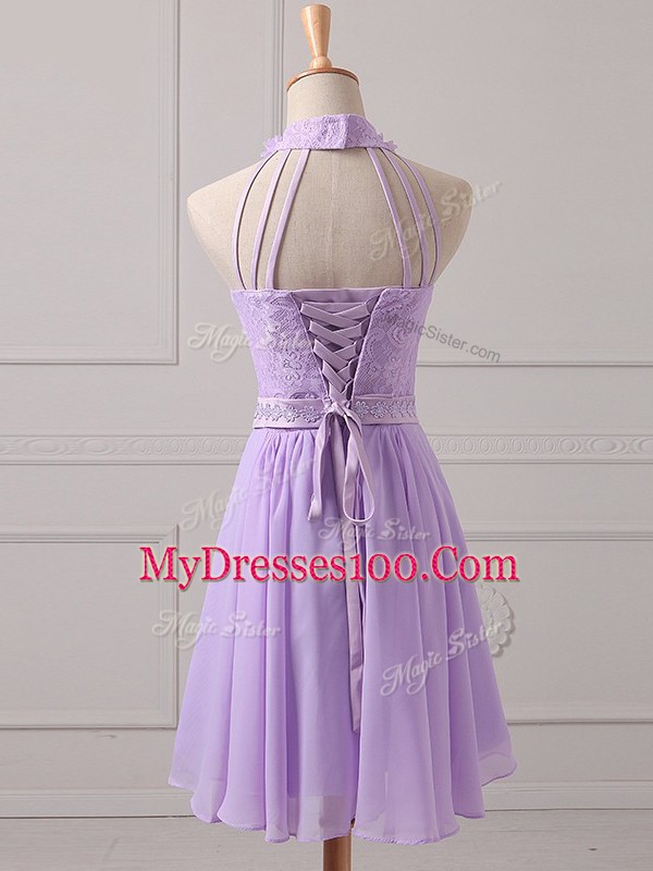 Lavender Chiffon Lace Up Bridesmaid Dresses Sleeveless Mini Length Lace and Appliques