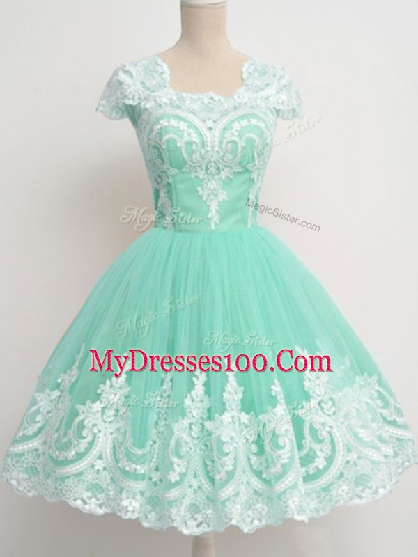 Apple Green Cap Sleeves Lace Knee Length Bridesmaid Gown