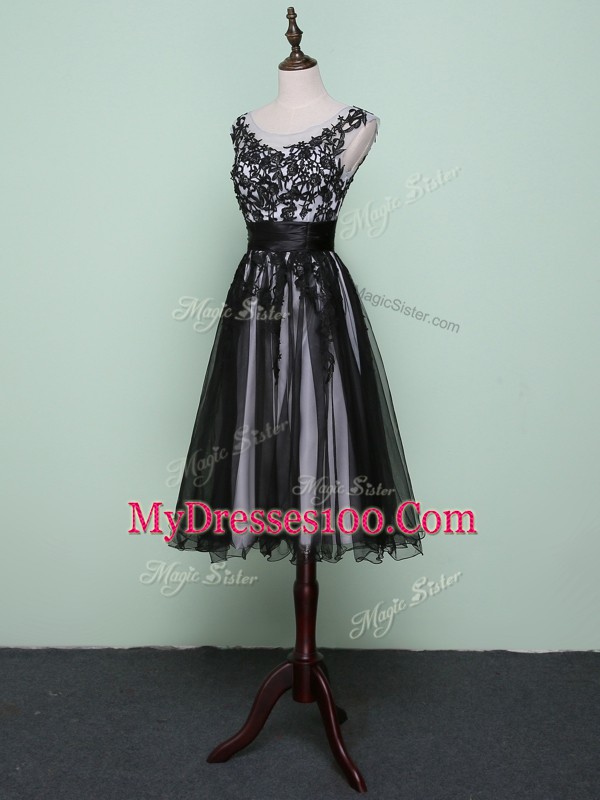 Simple Black Zipper Scoop Lace and Appliques Prom Party Dress Tulle Sleeveless