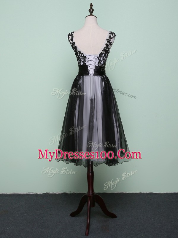 Simple Black Zipper Scoop Lace and Appliques Prom Party Dress Tulle Sleeveless