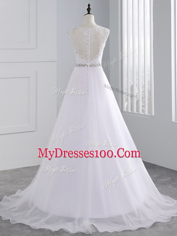 Exquisite Sleeveless Brush Train Zipper Beading and Lace and Appliques Bridal Gown