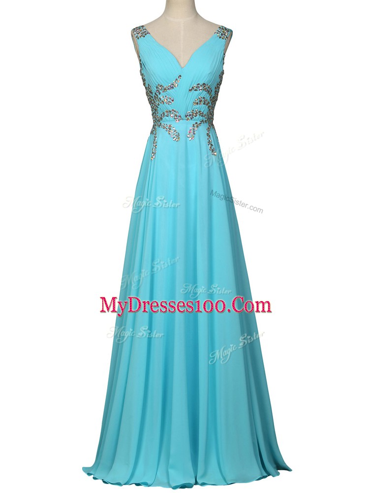 Sleeveless Chiffon Floor Length Zipper Homecoming Gowns in Aqua Blue with Beading and Ruching
