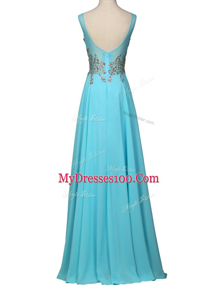 Sleeveless Chiffon Floor Length Zipper Homecoming Gowns in Aqua Blue with Beading and Ruching