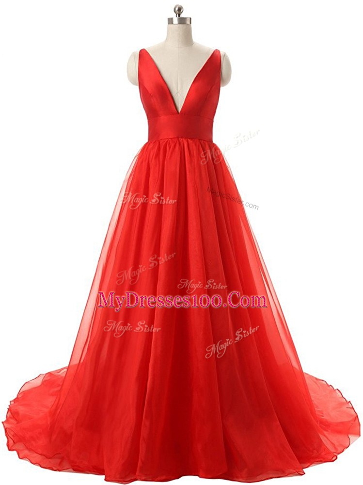 Ruching Prom Dress Red Backless Sleeveless Brush Train