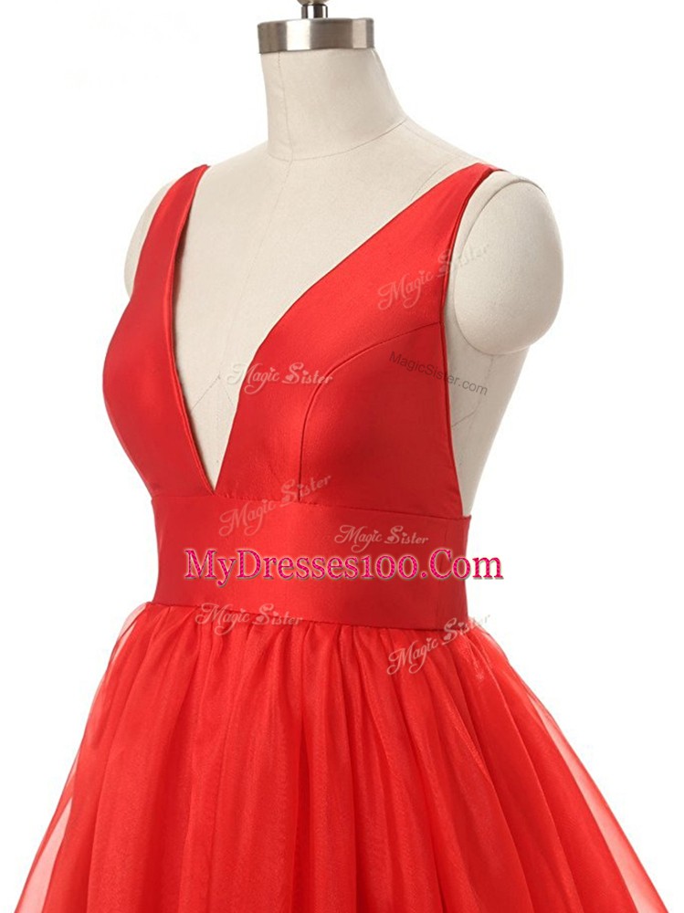 Ruching Prom Dress Red Backless Sleeveless Brush Train