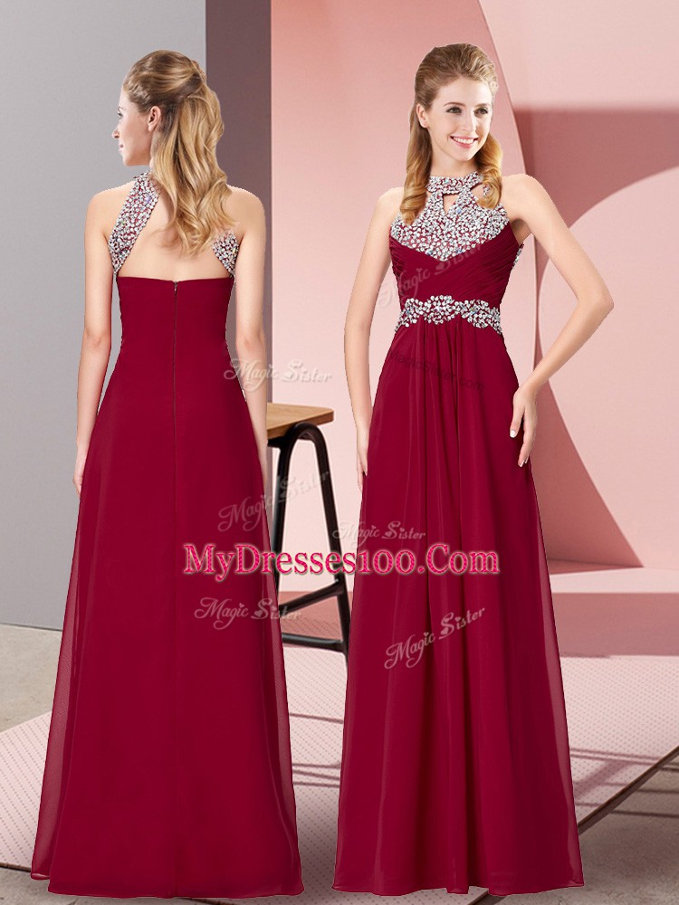 On Sale Wine Red Prom Dresses Prom and Party with Beading Halter Top Sleeveless Backless