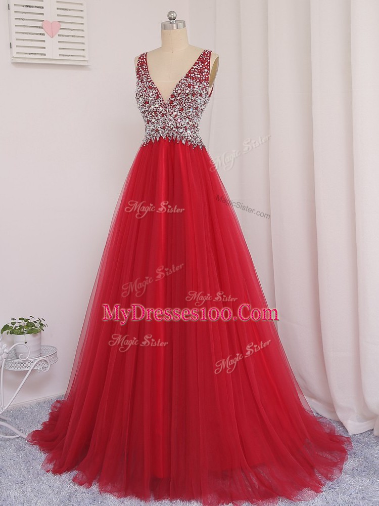 Sleeveless Beading Backless Party Dress for Toddlers with Red Brush Train