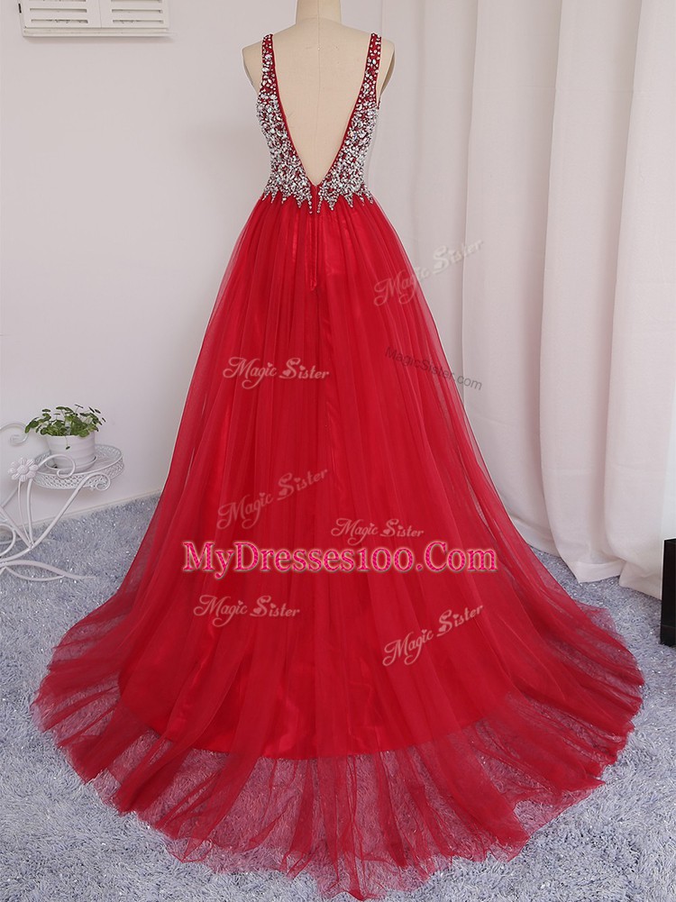 Sleeveless Beading Backless Party Dress for Toddlers with Red Brush Train