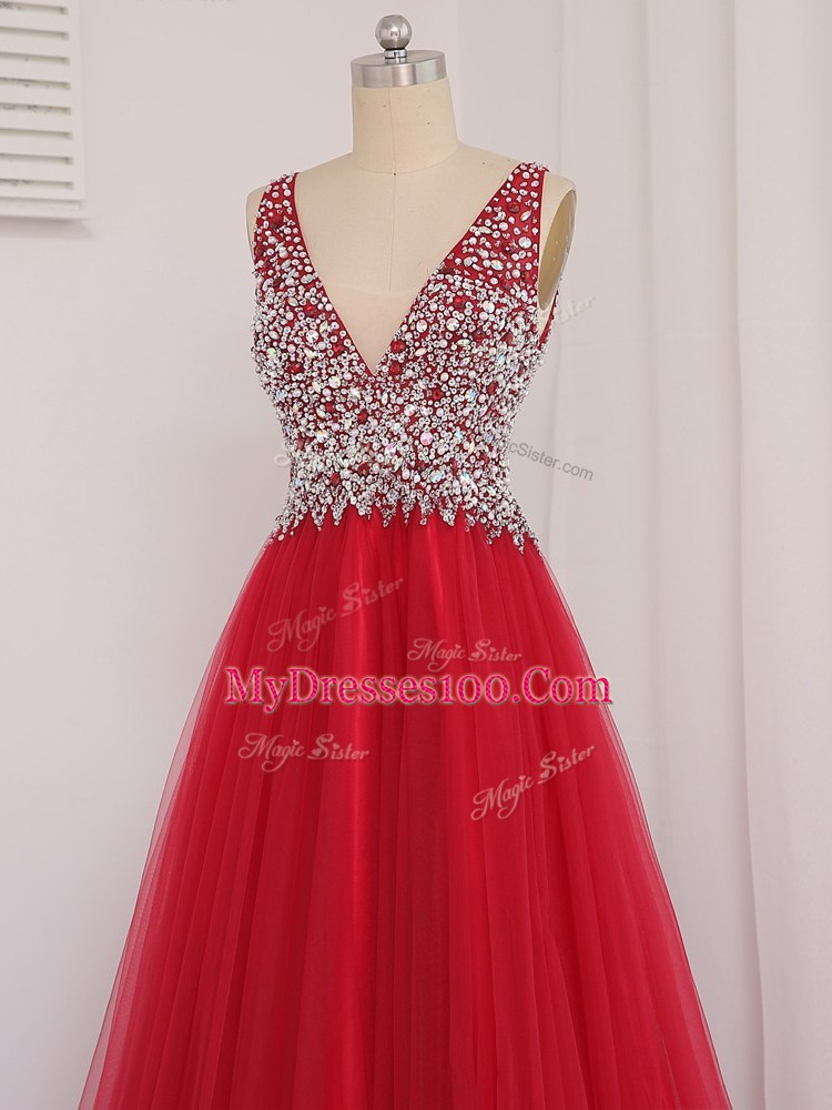 Sleeveless Beading Backless Party Dress for Toddlers with Red Brush Train