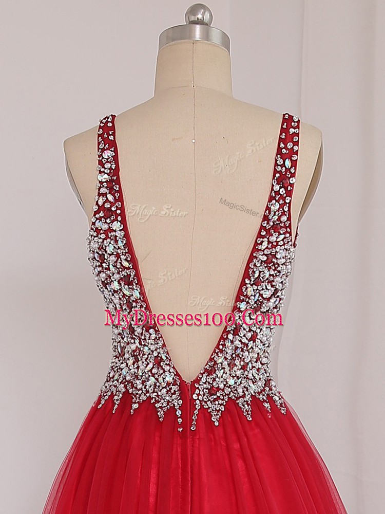 Sleeveless Beading Backless Party Dress for Toddlers with Red Brush Train