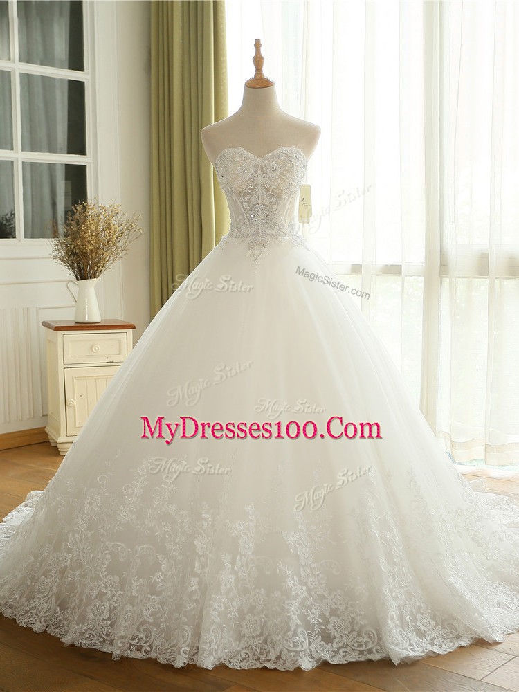 White Tulle Lace Up Wedding Dresses Sleeveless Court Train Beading and Lace and Appliques