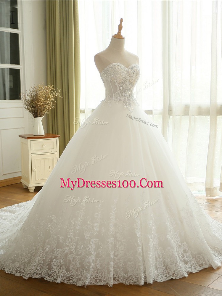 White Tulle Lace Up Wedding Dresses Sleeveless Court Train Beading and Lace and Appliques