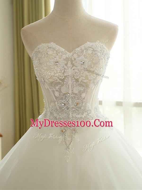 White Tulle Lace Up Wedding Dresses Sleeveless Court Train Beading and Lace and Appliques