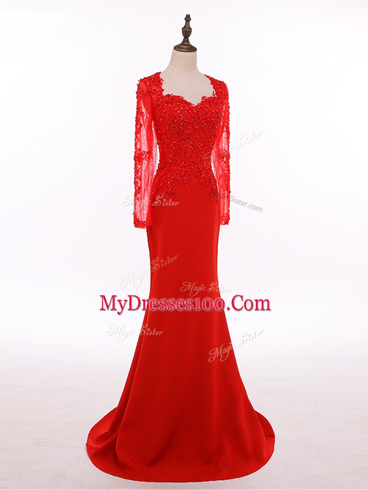 Gorgeous Red Chiffon Zipper Mother of Groom Dress Long Sleeves Floor Length Lace and Appliques
