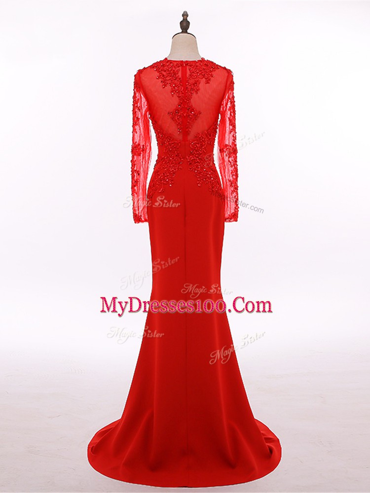 Gorgeous Red Chiffon Zipper Mother of Groom Dress Long Sleeves Floor Length Lace and Appliques