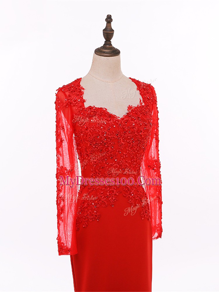 Gorgeous Red Chiffon Zipper Mother of Groom Dress Long Sleeves Floor Length Lace and Appliques