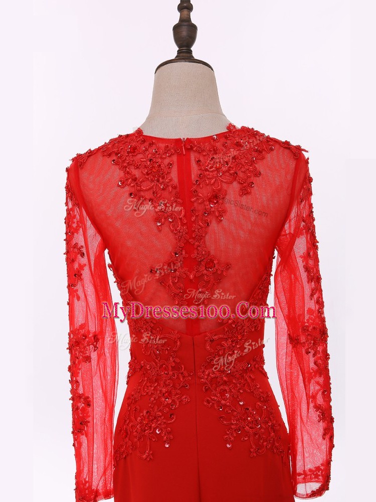 Gorgeous Red Chiffon Zipper Mother of Groom Dress Long Sleeves Floor Length Lace and Appliques