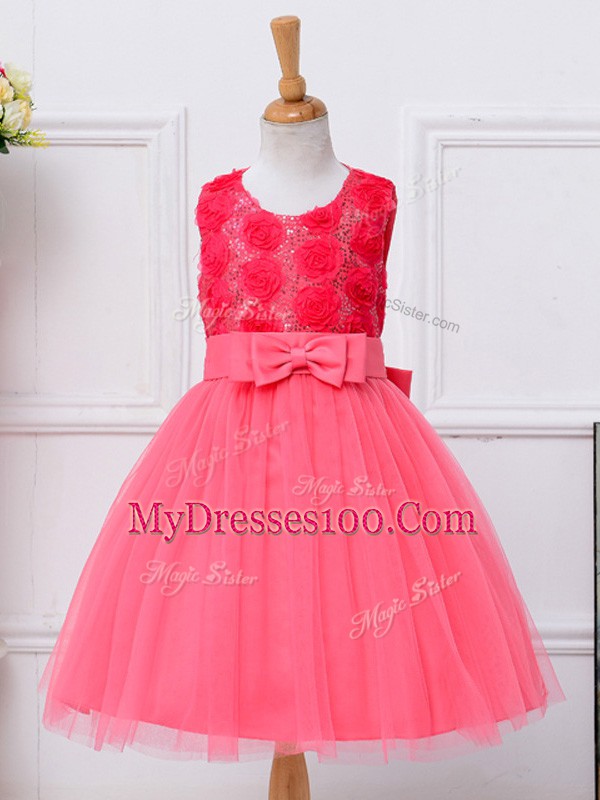 Admirable Knee Length Hot Pink Little Girl Pageant Gowns Scoop Sleeveless Lace Up