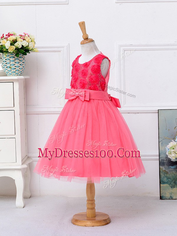 Admirable Knee Length Hot Pink Little Girl Pageant Gowns Scoop Sleeveless Lace Up
