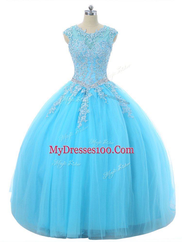 Aqua Blue Tulle Lace Up Scoop Sleeveless Floor Length Sweet 16 Dress Appliques