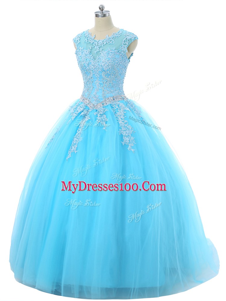 Aqua Blue Tulle Lace Up Scoop Sleeveless Floor Length Sweet 16 Dress Appliques