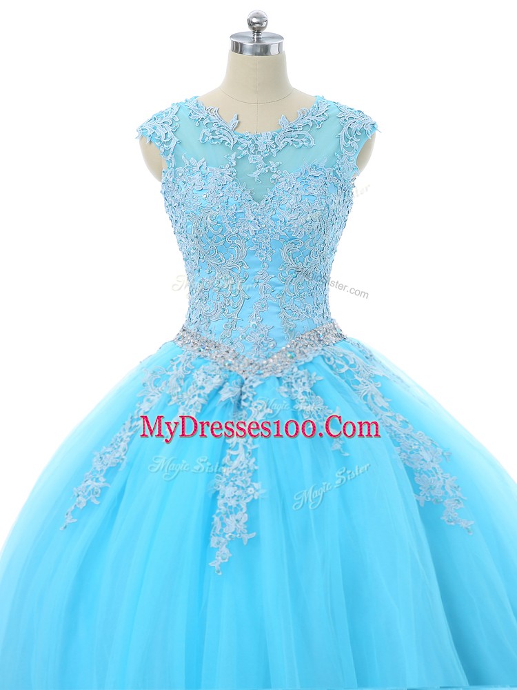 Aqua Blue Tulle Lace Up Scoop Sleeveless Floor Length Sweet 16 Dress Appliques