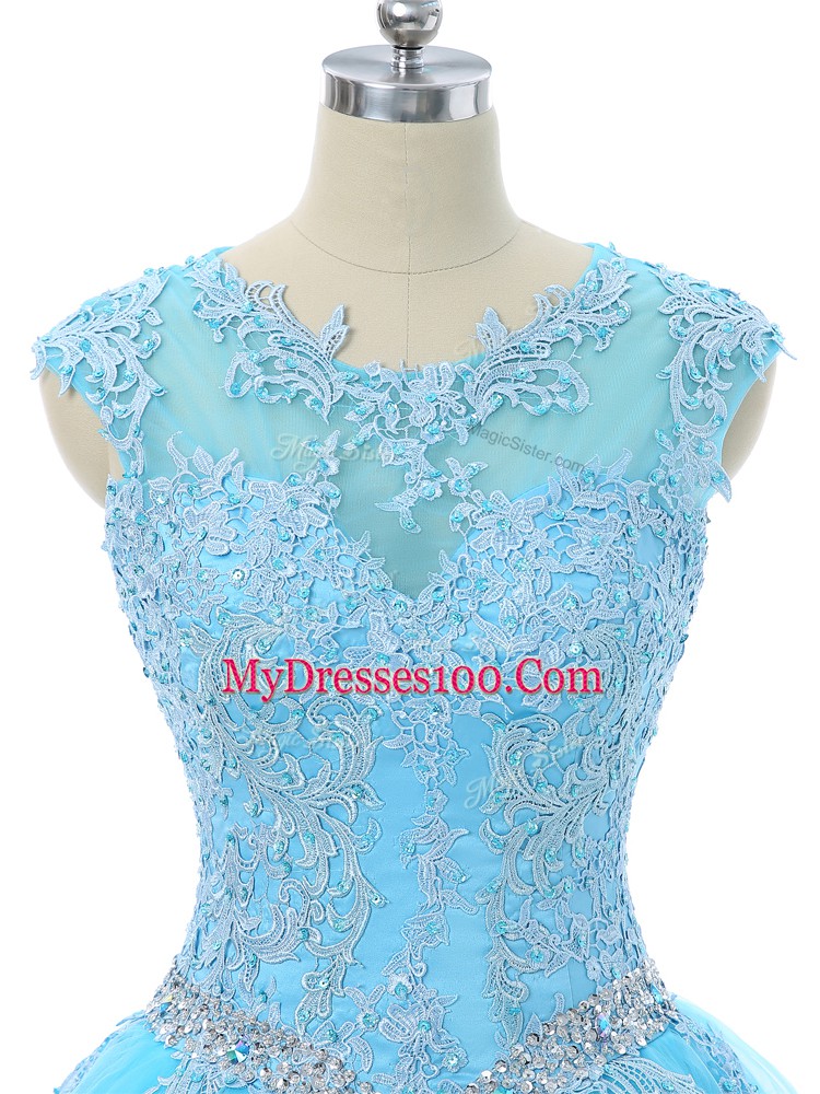 Aqua Blue Tulle Lace Up Scoop Sleeveless Floor Length Sweet 16 Dress Appliques