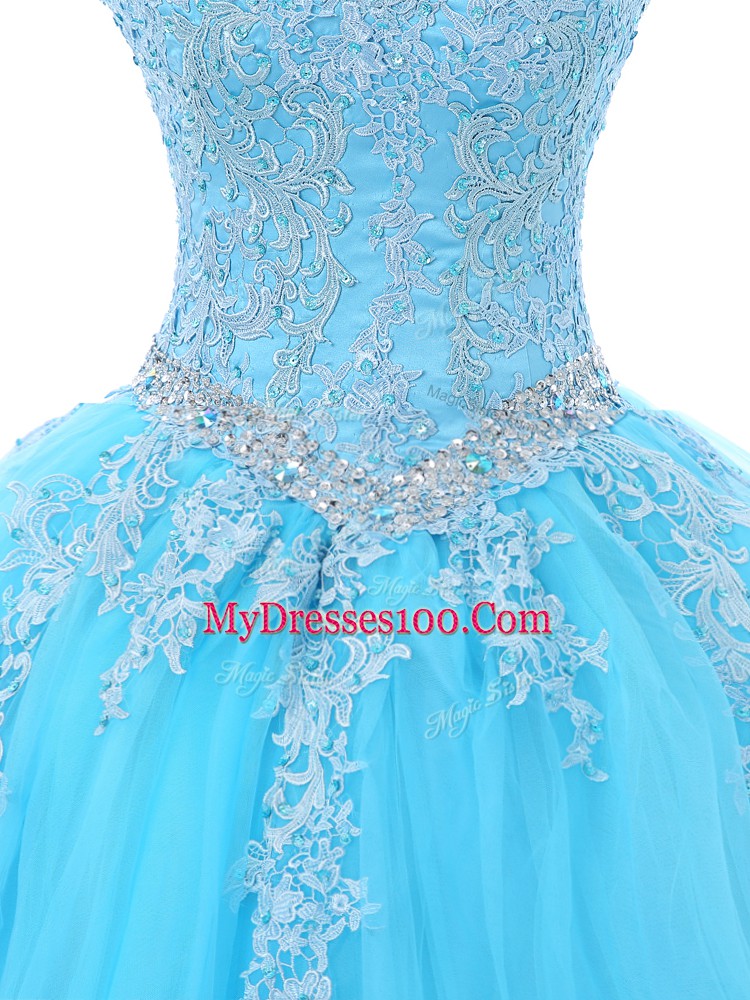 Aqua Blue Tulle Lace Up Scoop Sleeveless Floor Length Sweet 16 Dress Appliques
