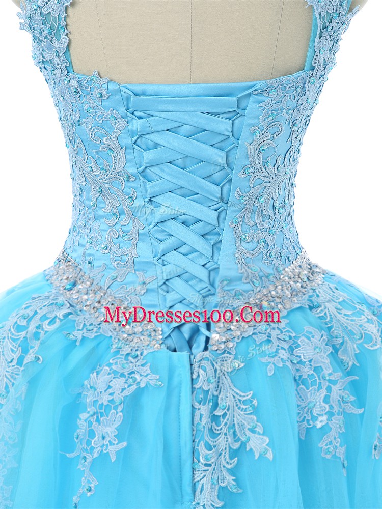 Aqua Blue Tulle Lace Up Scoop Sleeveless Floor Length Sweet 16 Dress Appliques