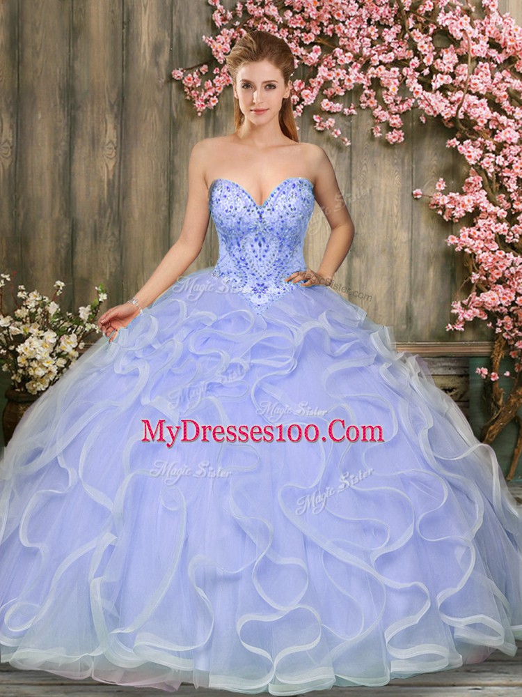 Lavender Sweetheart Lace Up Beading and Ruffles Quince Ball Gowns Sleeveless