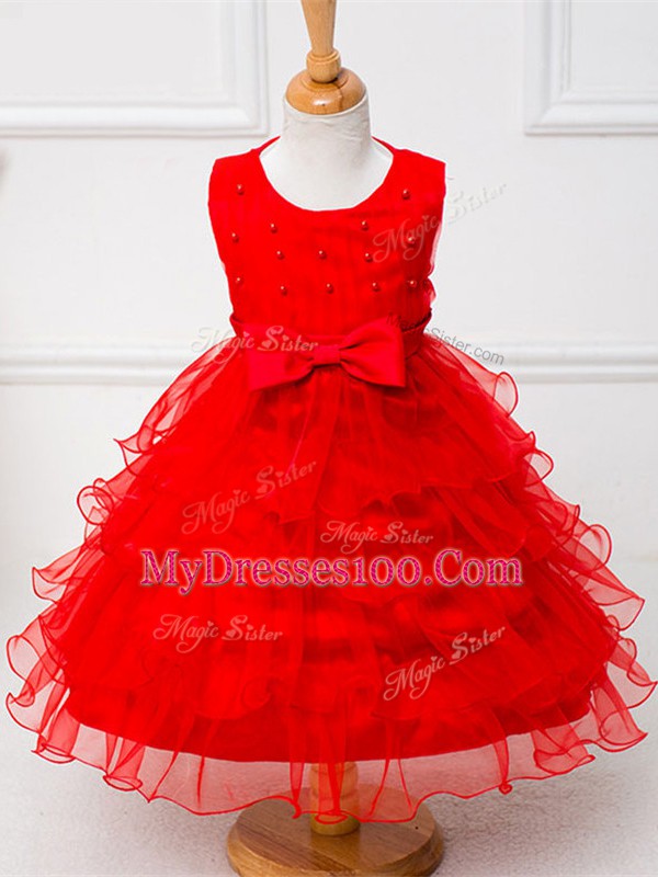Red Organza Zipper Flower Girl Dresses Sleeveless Tea Length Ruffled Layers and Bowknot
