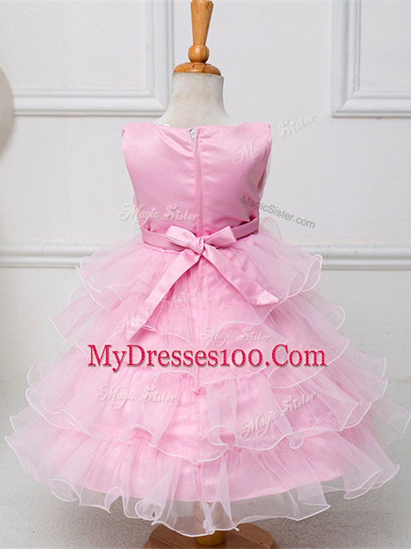 Red Organza Zipper Flower Girl Dresses Sleeveless Tea Length Ruffled Layers and Bowknot