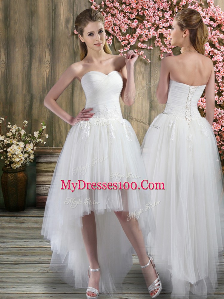 Great White A-line Sweetheart Sleeveless Tulle High Low Lace Up Ruching Bridal Gown