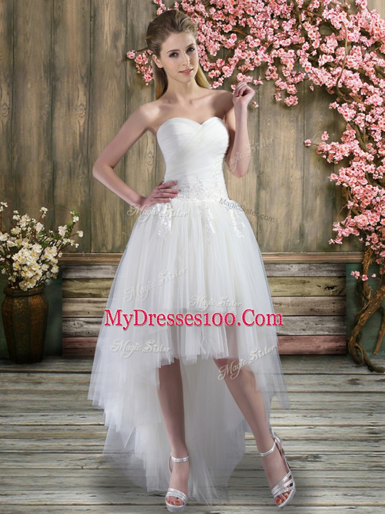 Great White A-line Sweetheart Sleeveless Tulle High Low Lace Up Ruching Bridal Gown