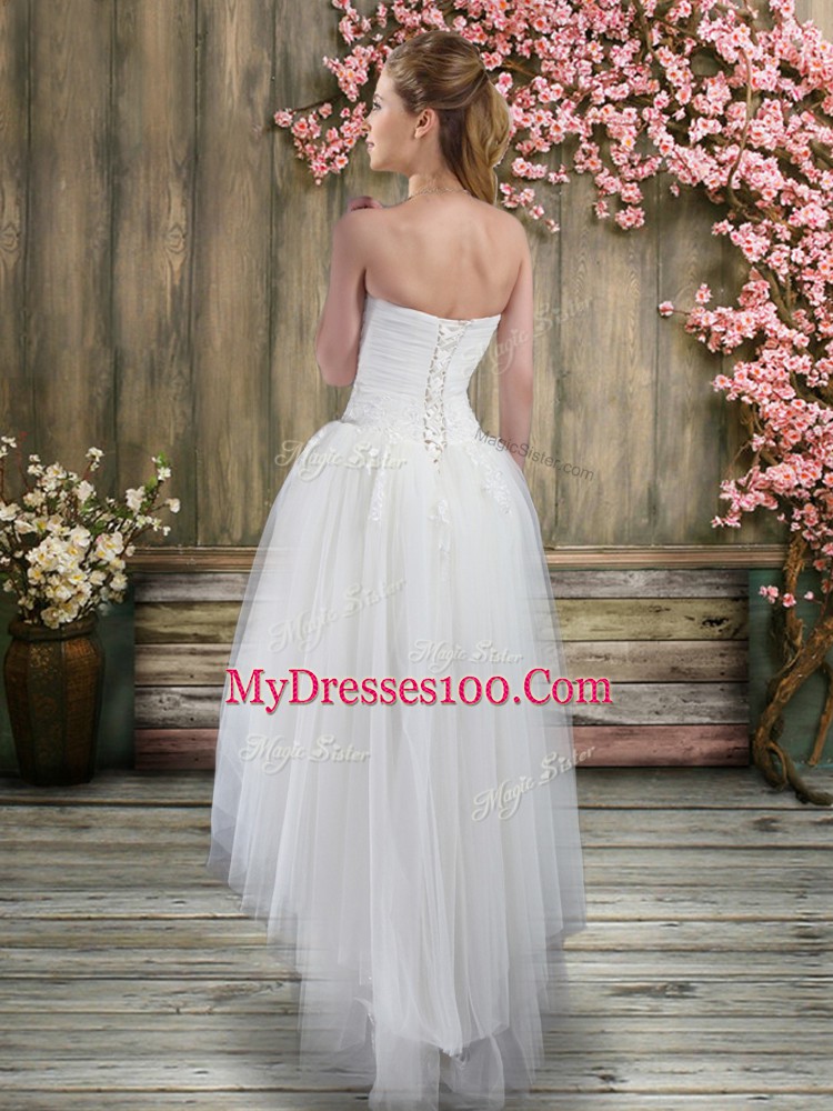 Great White A-line Sweetheart Sleeveless Tulle High Low Lace Up Ruching Bridal Gown