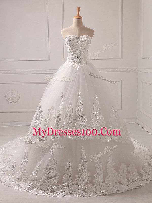 Latest Lace and Appliques Wedding Dress White Lace Up Sleeveless Brush Train