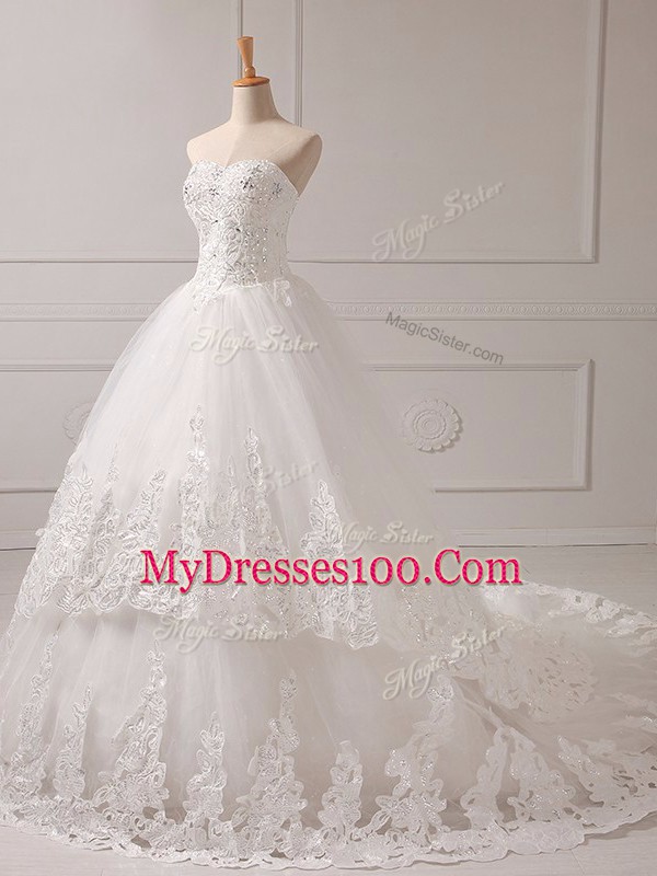 Latest Lace and Appliques Wedding Dress White Lace Up Sleeveless Brush Train