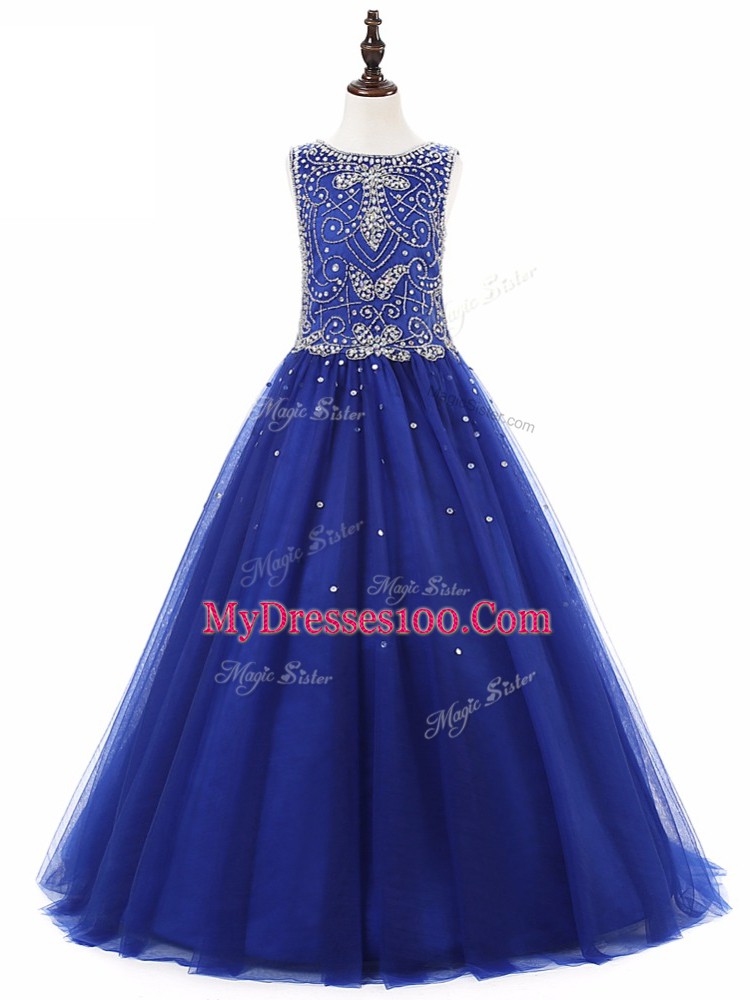 Royal Blue Scoop Lace Up Beading Little Girl Pageant Gowns Sleeveless