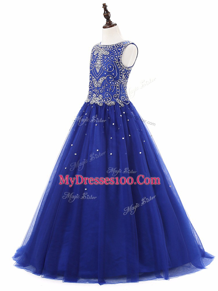 Royal Blue Scoop Lace Up Beading Little Girl Pageant Gowns Sleeveless