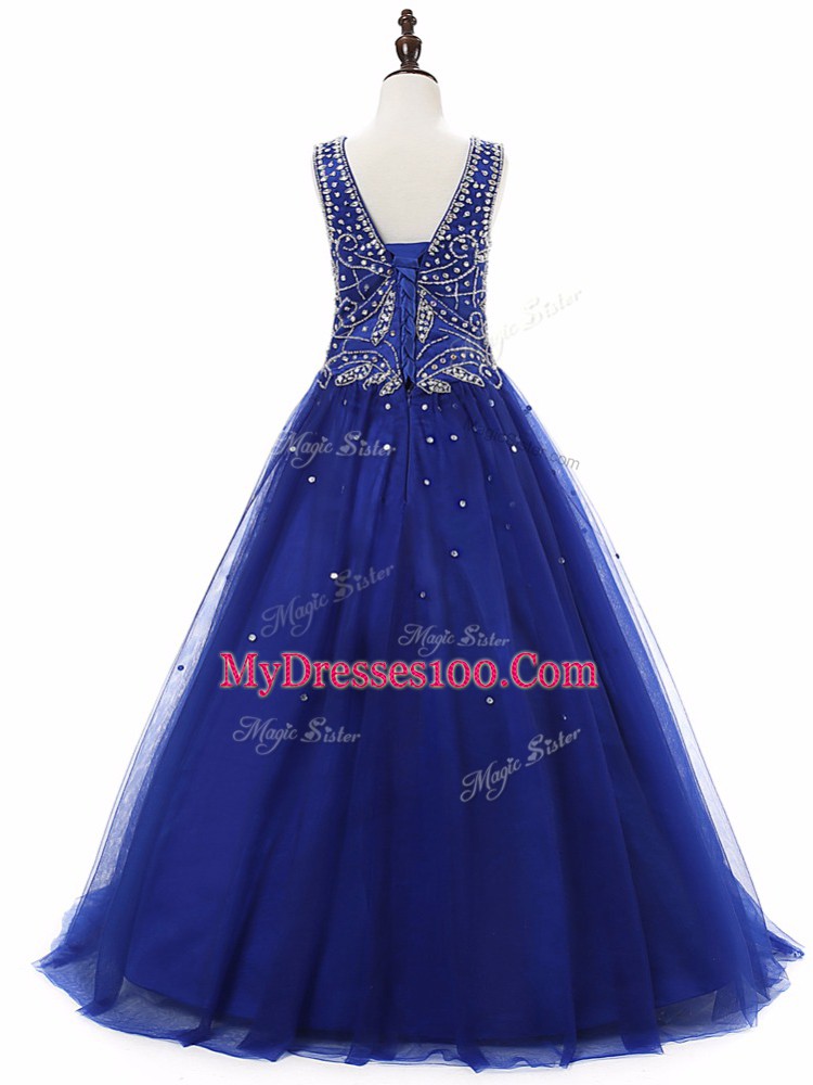 Royal Blue Scoop Lace Up Beading Little Girl Pageant Gowns Sleeveless