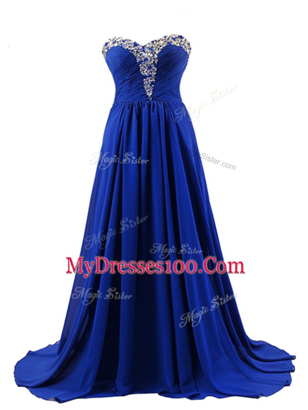 Charming Elastic Woven Satin Sweetheart Sleeveless Brush Train Lace Up Beading Dress for Prom in Royal Blue