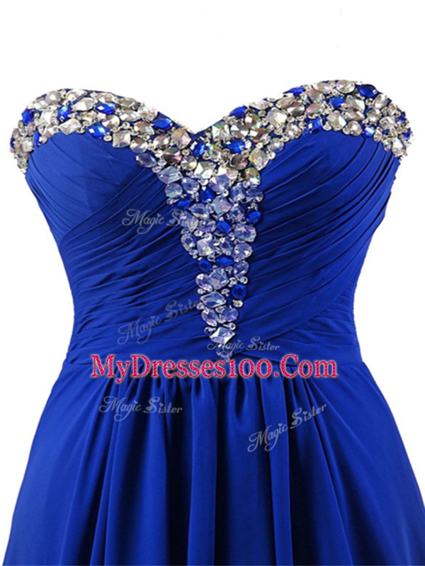 Charming Elastic Woven Satin Sweetheart Sleeveless Brush Train Lace Up Beading Dress for Prom in Royal Blue