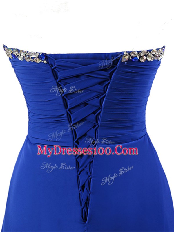 Charming Elastic Woven Satin Sweetheart Sleeveless Brush Train Lace Up Beading Dress for Prom in Royal Blue