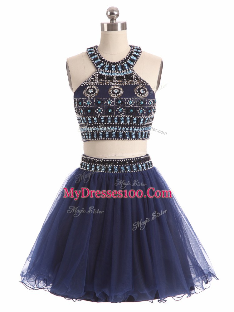 Navy Blue Two Pieces Scoop Sleeveless Tulle Mini Length Zipper Beading Cocktail Dresses