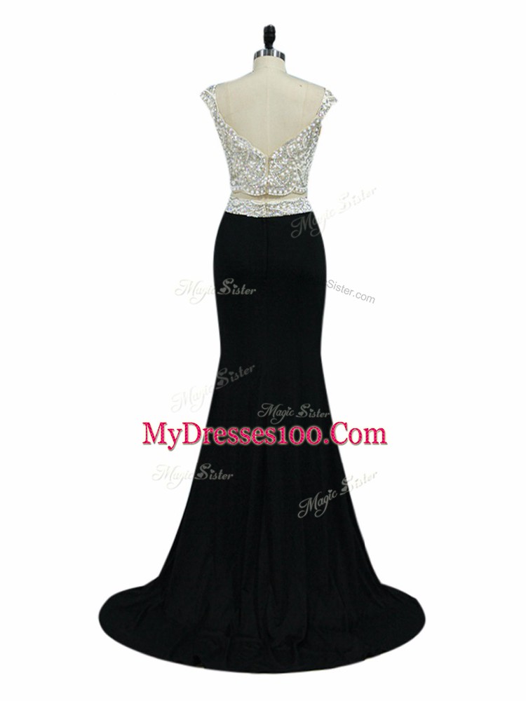 Two Pieces Pageant Dress for Teens Black Straps Chiffon Cap Sleeves Zipper