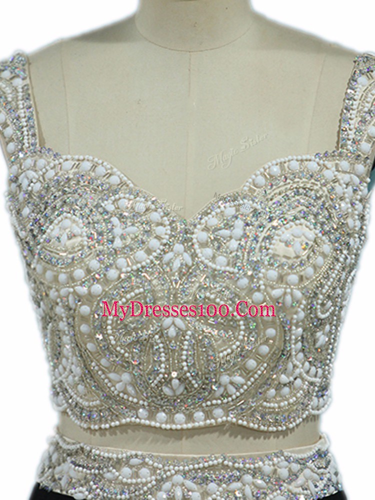 Two Pieces Pageant Dress for Teens Black Straps Chiffon Cap Sleeves Zipper