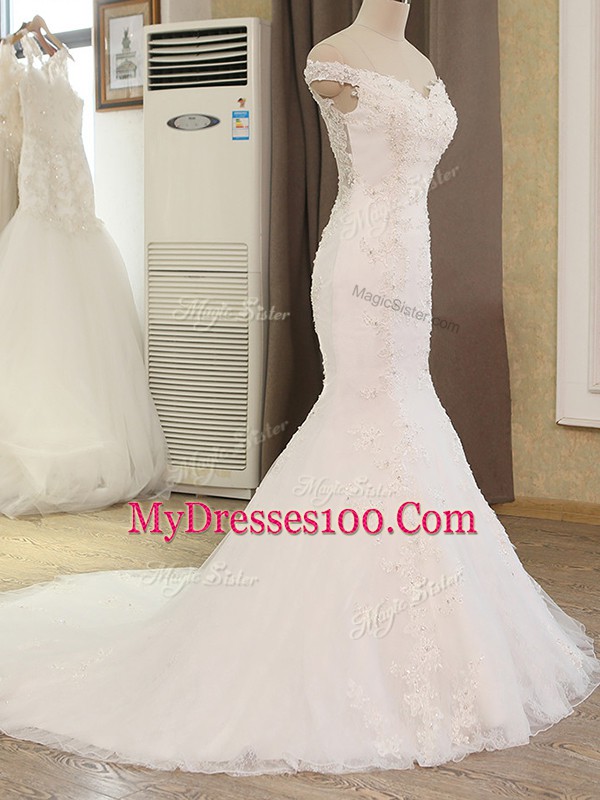 Top Selling Sleeveless Tulle Brush Train Zipper Wedding Dress in White with Beading and Appliques