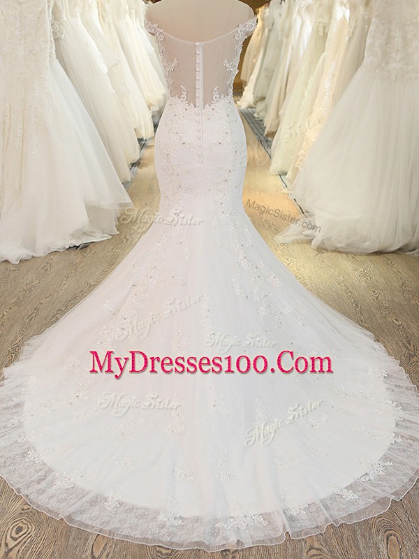 Top Selling Sleeveless Tulle Brush Train Zipper Wedding Dress in White with Beading and Appliques